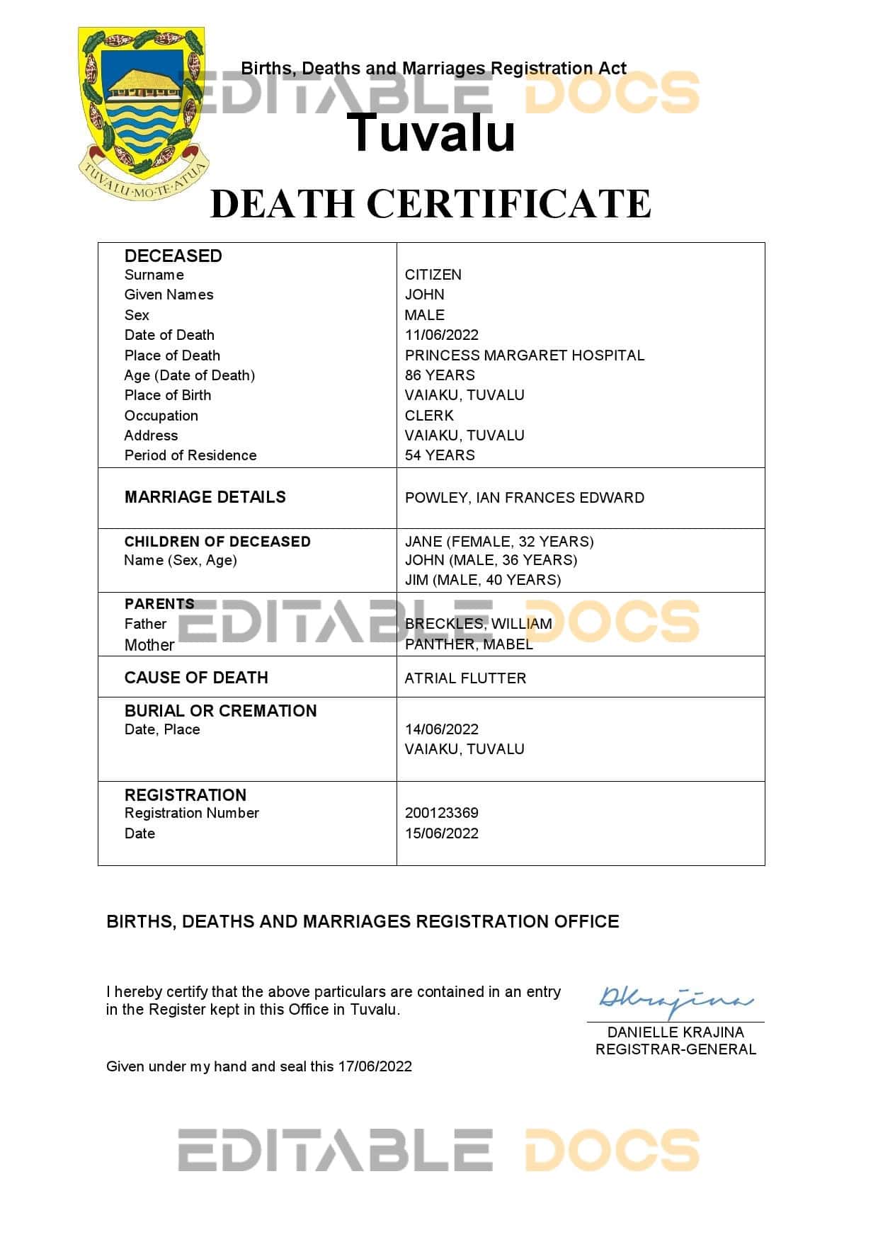 Tuvalu vital record death certificate Word and PDF template