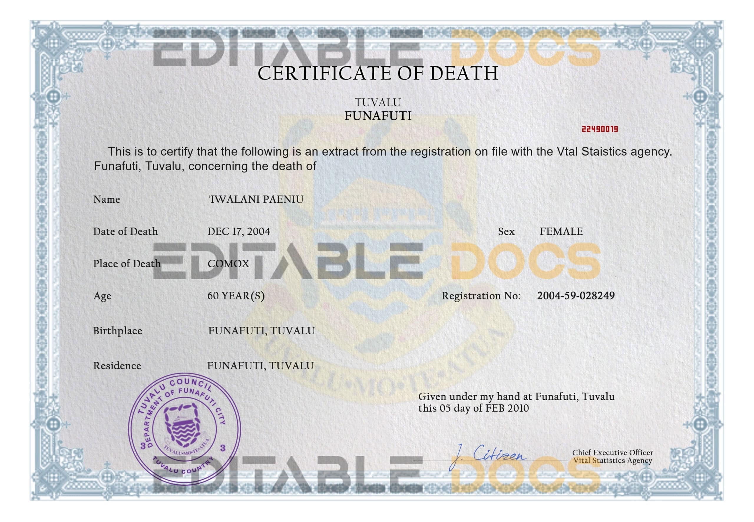 Tuvalu vital record death certificate PSD template