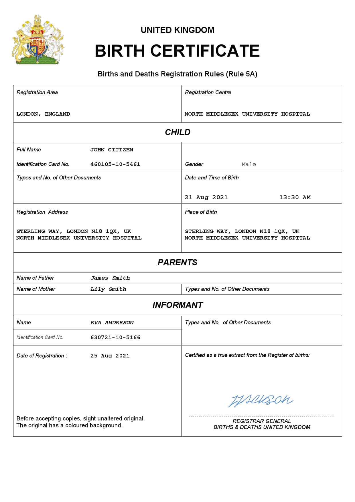 United Kingdom vital record birth certificate Word and PDF template