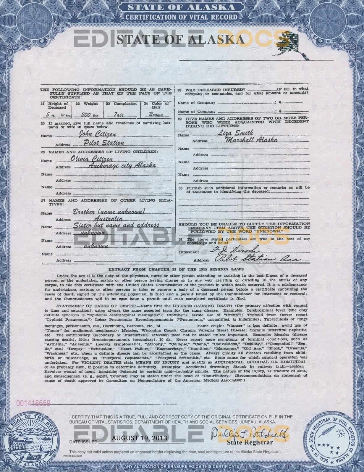 USA Alaska state birth certificate template in PSD format Authentic USA Alaska Birth Certificate Template | Customize and Download Online
