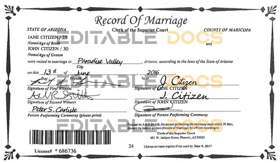 USA Arizona Marriage Certificate Editable PSD Templates