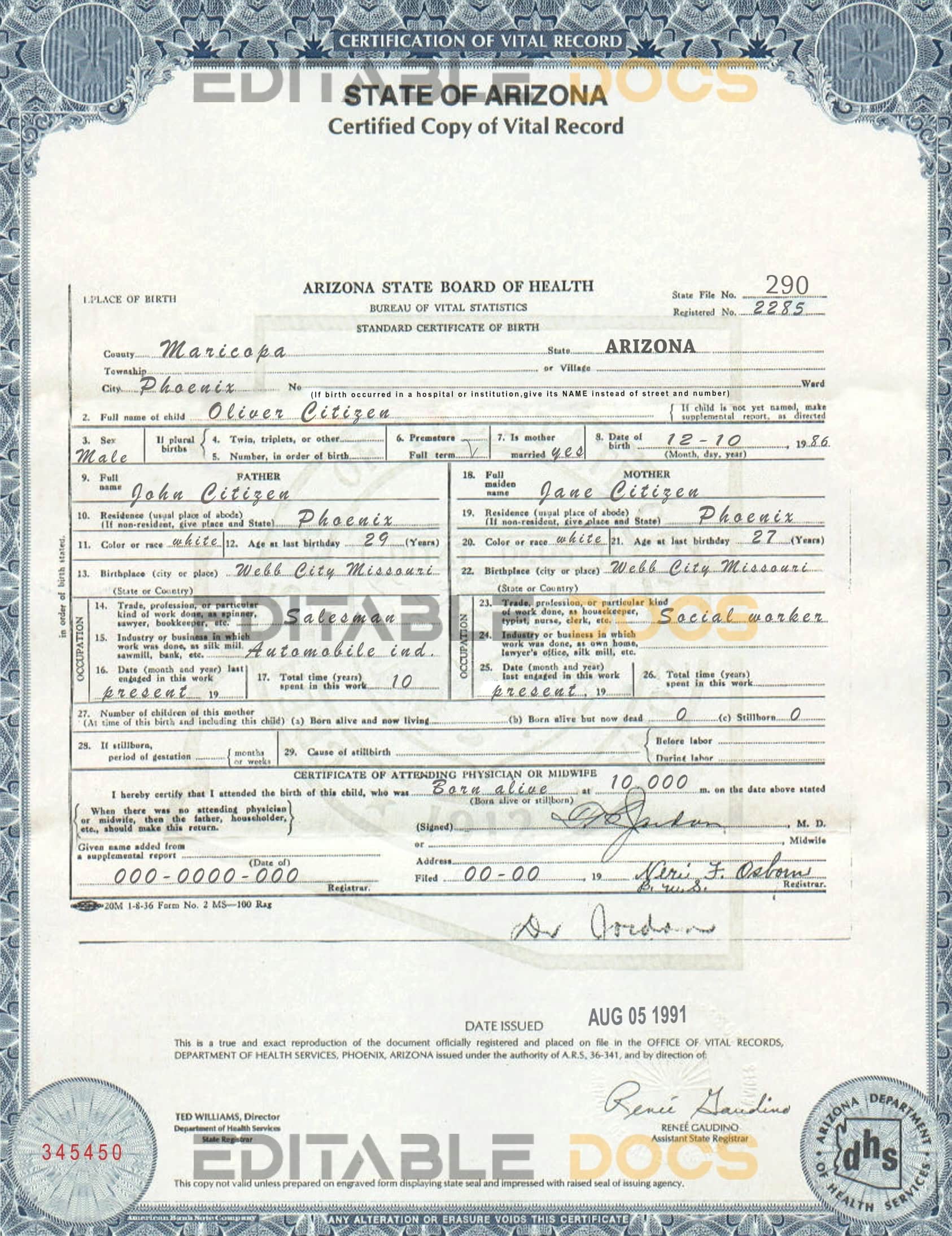 USA Arizona state birth certificate template in PSD format Authentic USA Arizona Birth Certificate Template | Customize and Download Online
