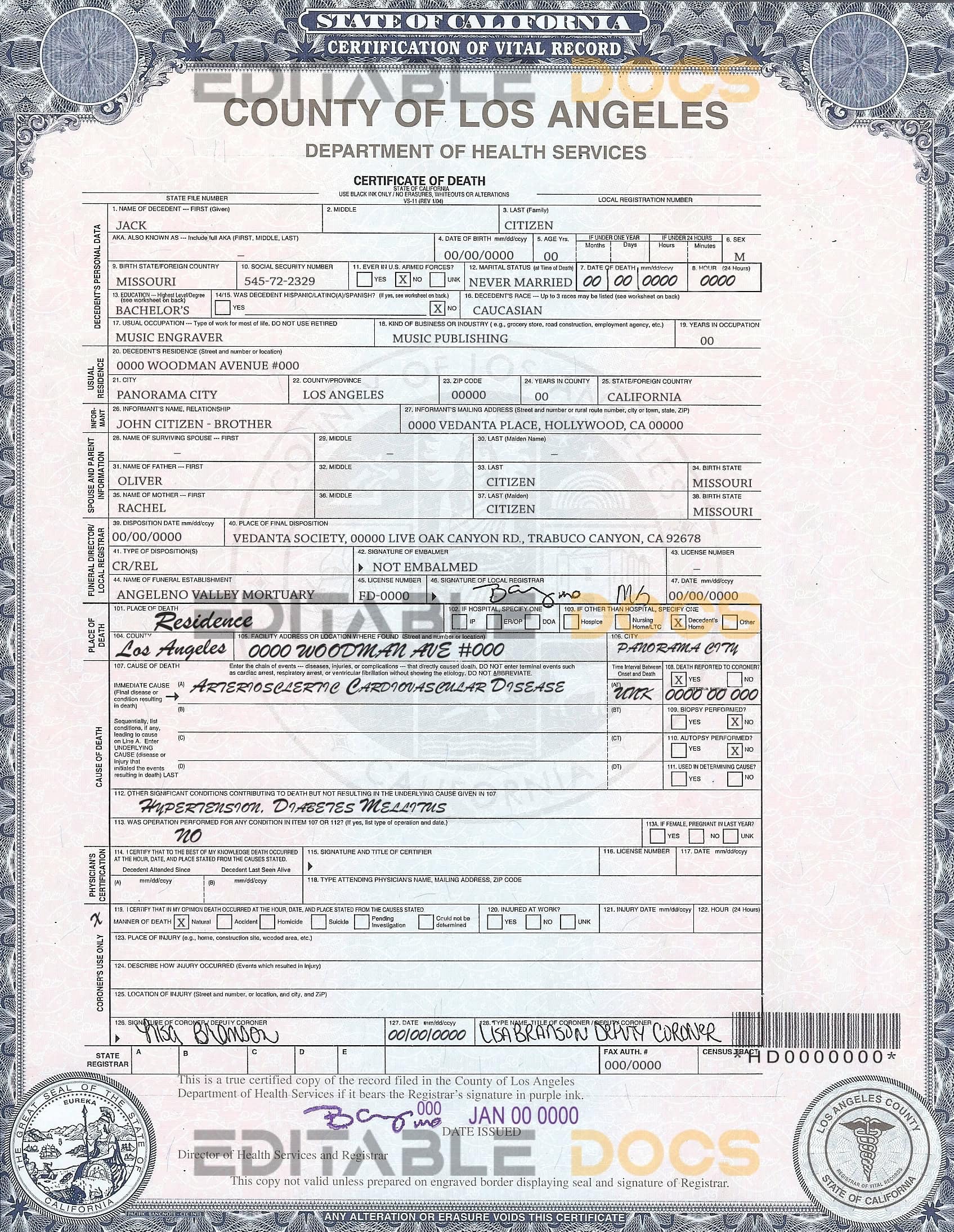 USA California Death Certificate template in PSD format