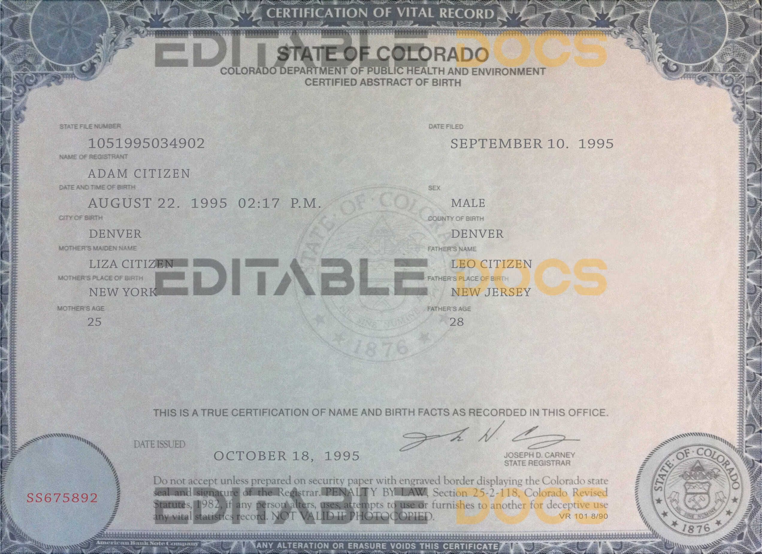 USA Colorado state birth certificate template in PSD format Authentic Colorado Birth Certificate Template | Customize and Download Online