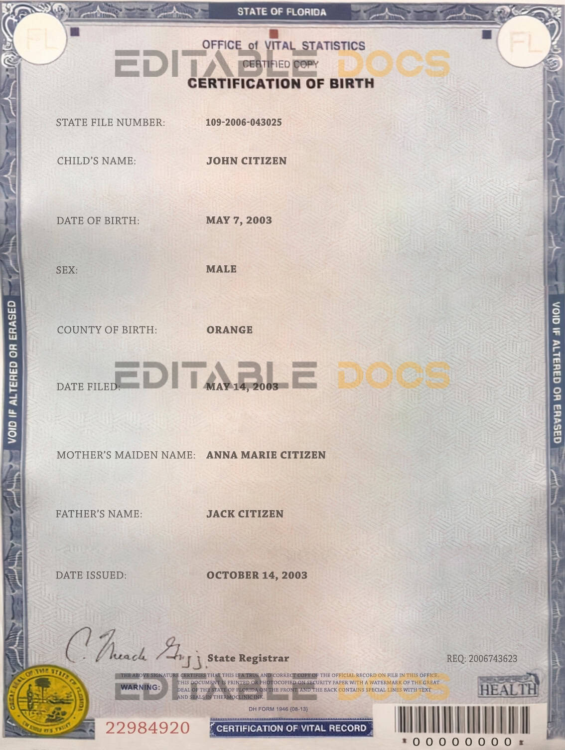 USA Florida state birth certificate template in PSD format Authentic USA Florida Birth Certificate Template | Customize and Download Online