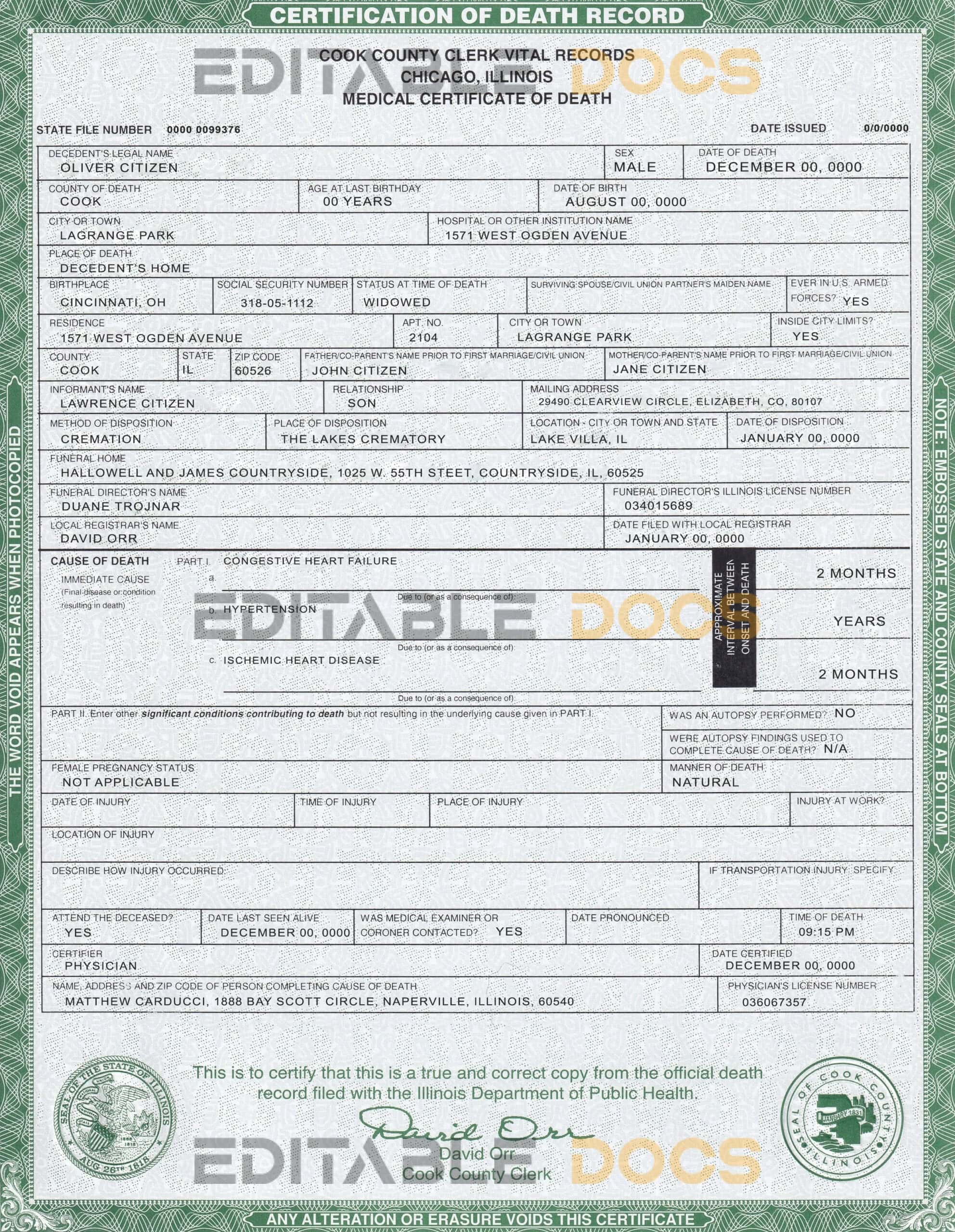 USA Illinois state death certificate template in PSD format