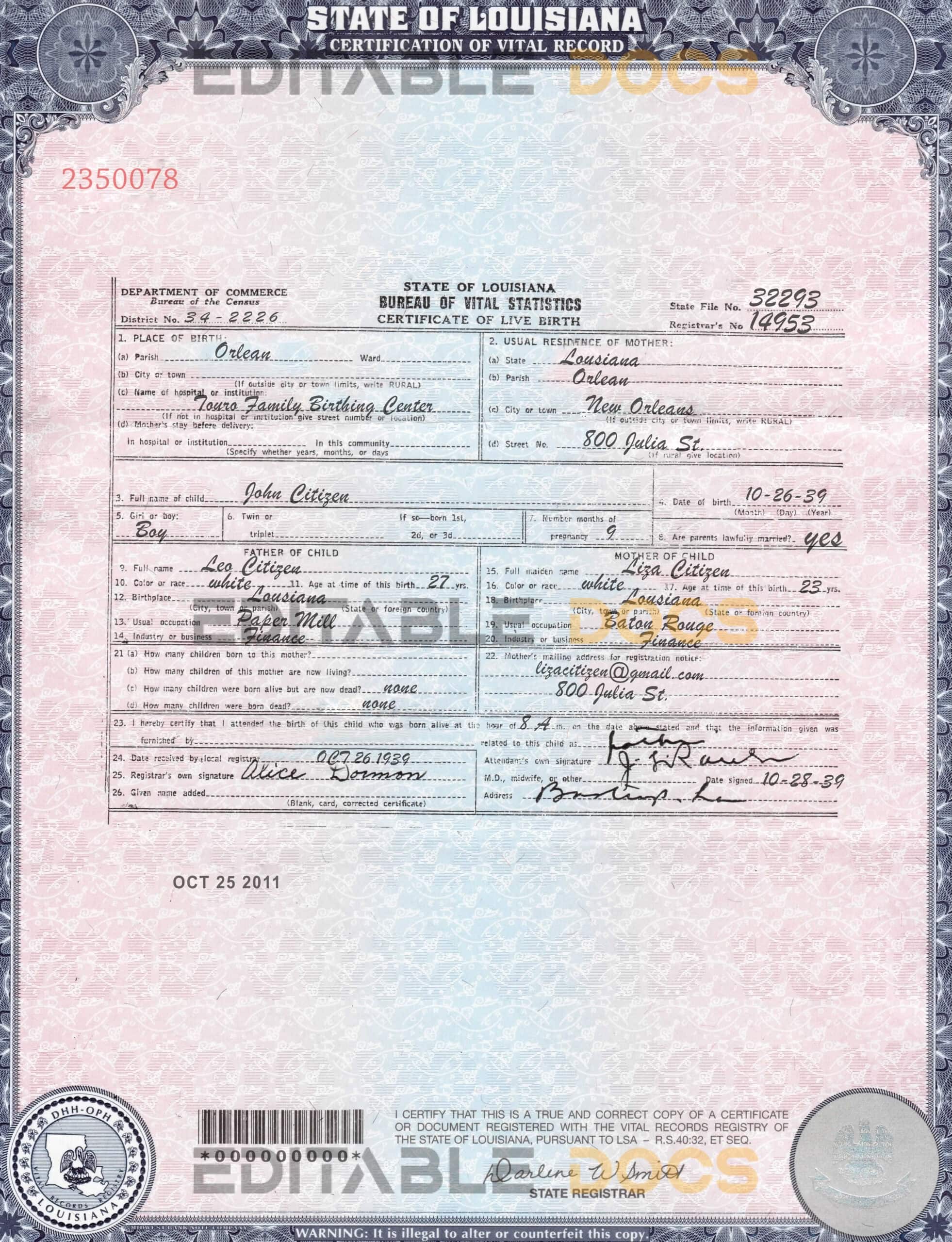 USA Louisiana state birth certificate template in PSD format Authentic USA Louisiana Birth Certificate Template | Customize and Download Online