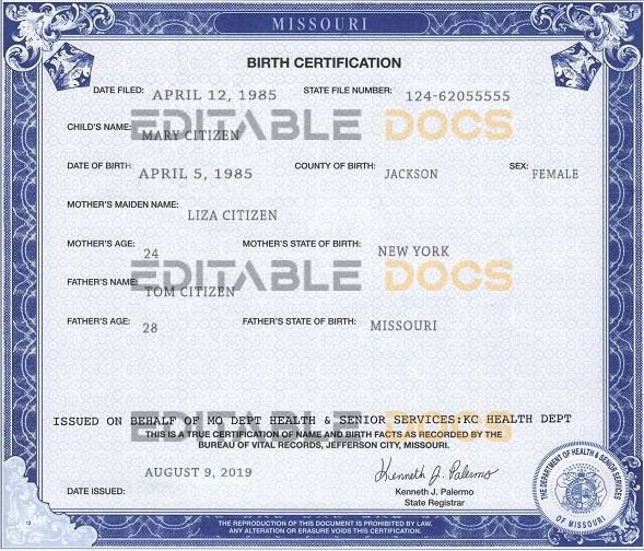 USA Missouri state birth certificate template in PSD format Authentic USA Missouri Birth Certificate Template | Customize and Download Online