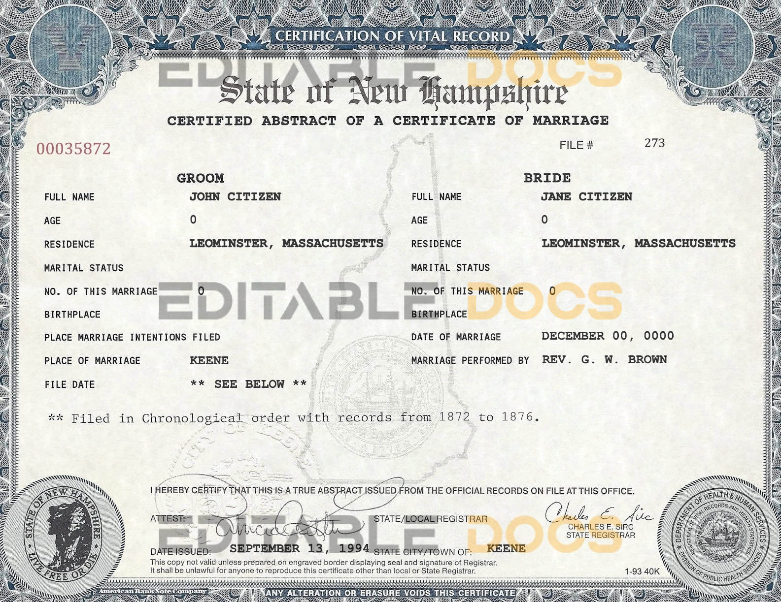USA New Hampshire Marriage Certificate Editable PSD Templates