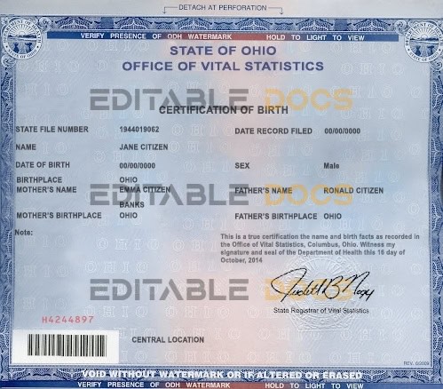 USA Ohio state birth certificate template in PSD format Authentic USA Ohio Birth Certificate Template | Customize and Download Online