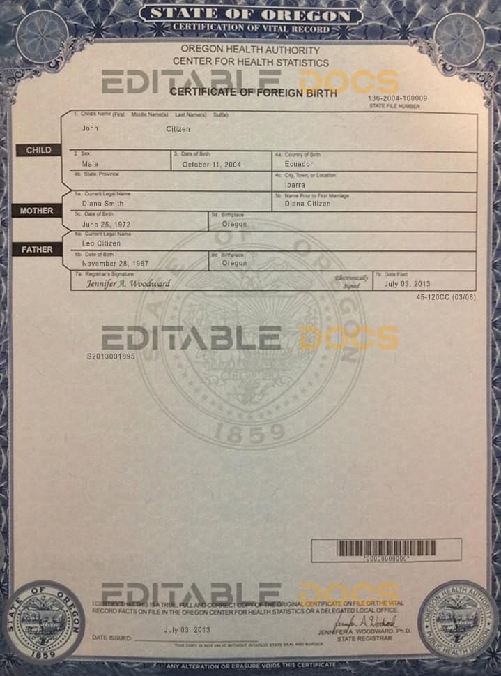 USA Oregon state birth certificate template in PSD format Authentic USA Oregon Birth Certificate Template | Customize and Download Online