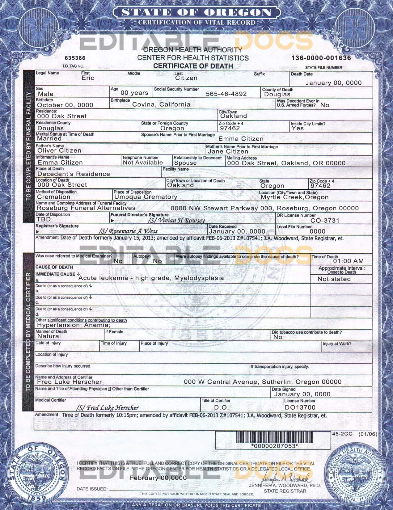 Customizable USA Oregon state Death Certificate PSD Templates