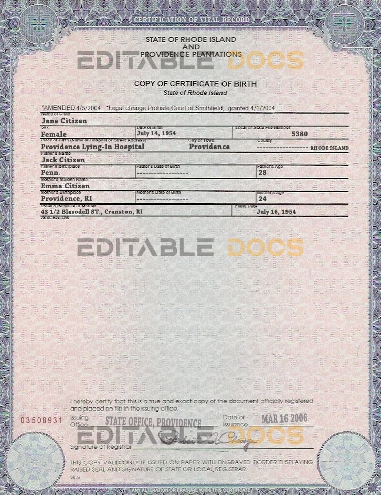 USA Rhode Island state birth certificate template in PSD format Authentic USA Rhode Island Birth Certificate Template | Customize and Download Online