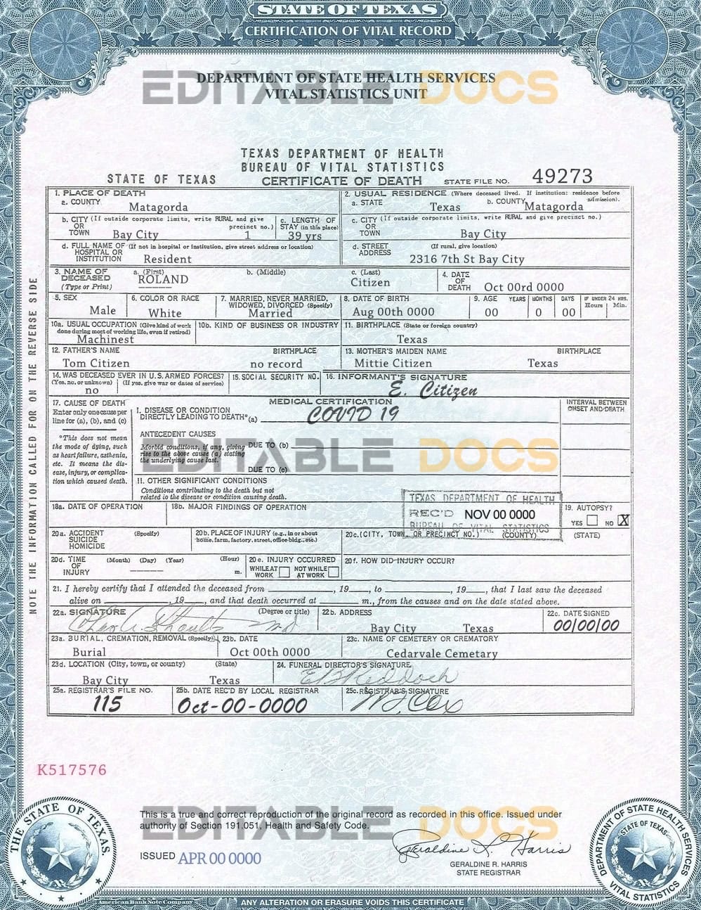 USA Texas state death certificate template in PSD format