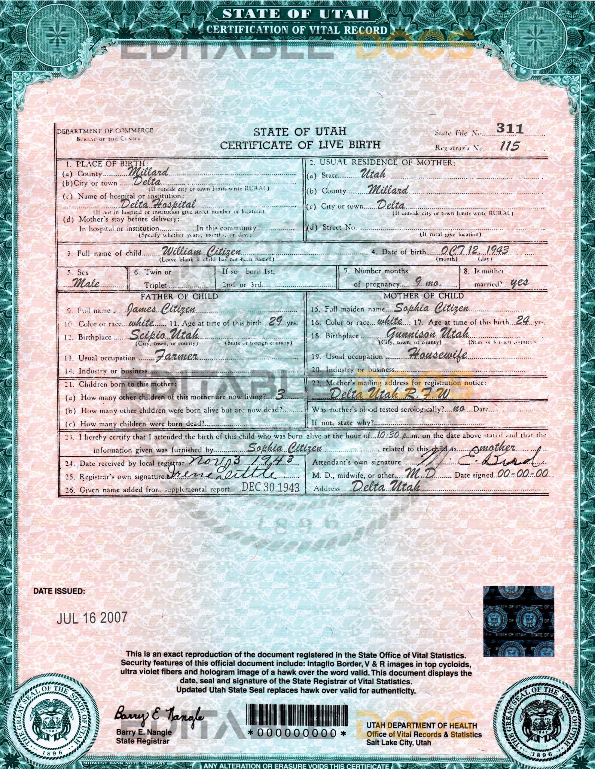 USA Utah state birth certificate template in PSD format Authentic USA Utah Birth Certificate Template | Customize and Download Online