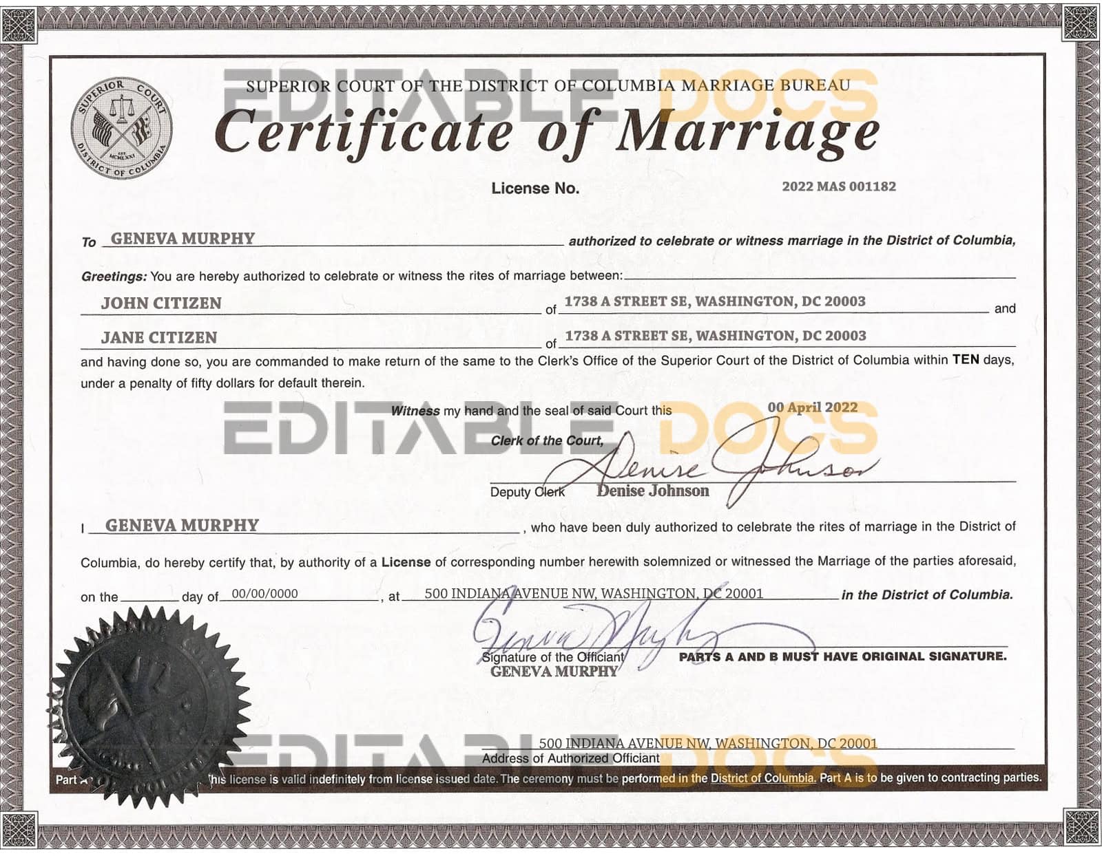 USA Washington district of Columbia Marriage Certificate Editable PSD Templates