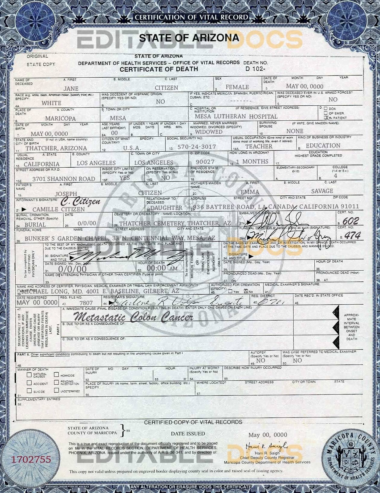 USA state Arizona death certificate template in PSD format