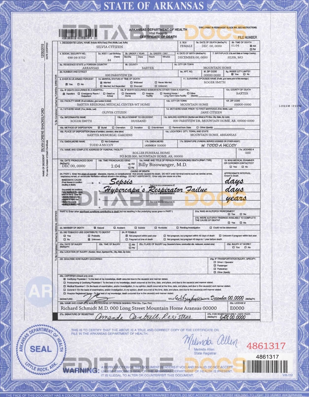 USA state Arkansas death certificate template in PSD format