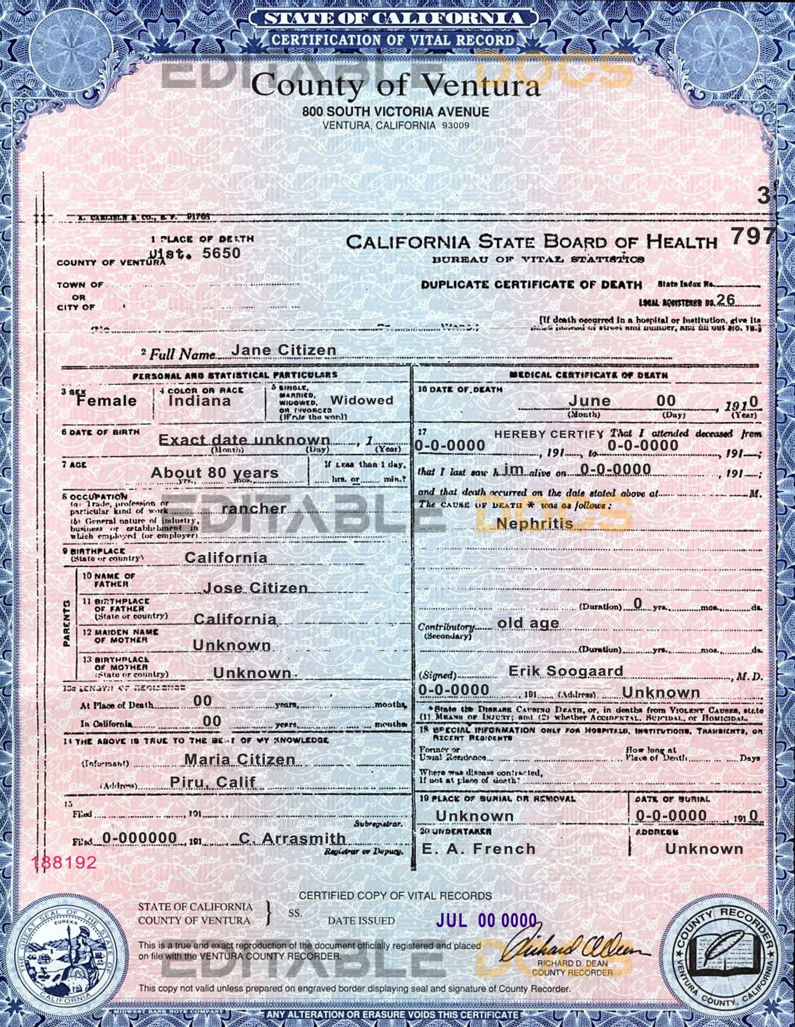 USA state California County of Ventura death certificate template in PSD format