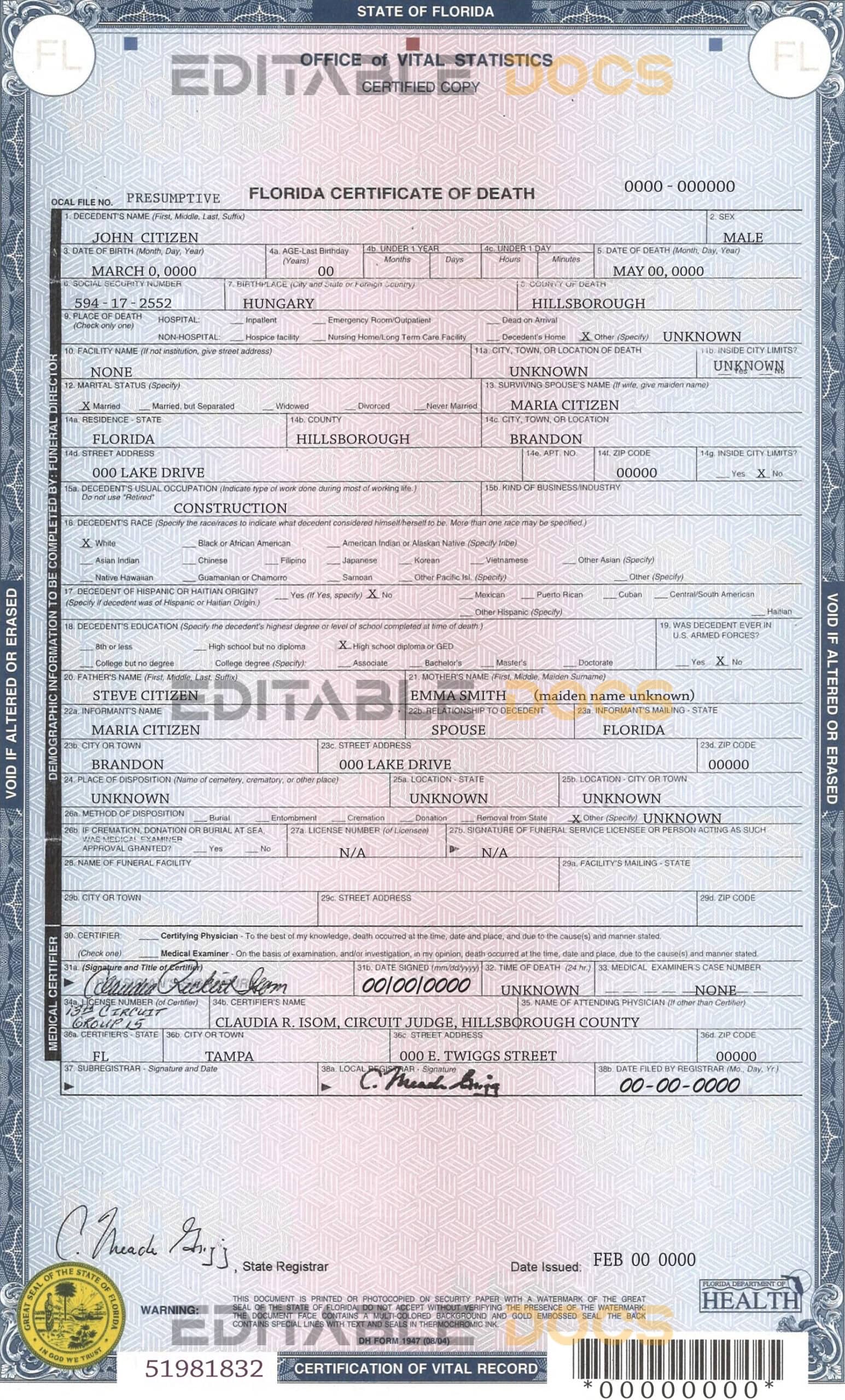 USA state Florida death certificate template in PSD format