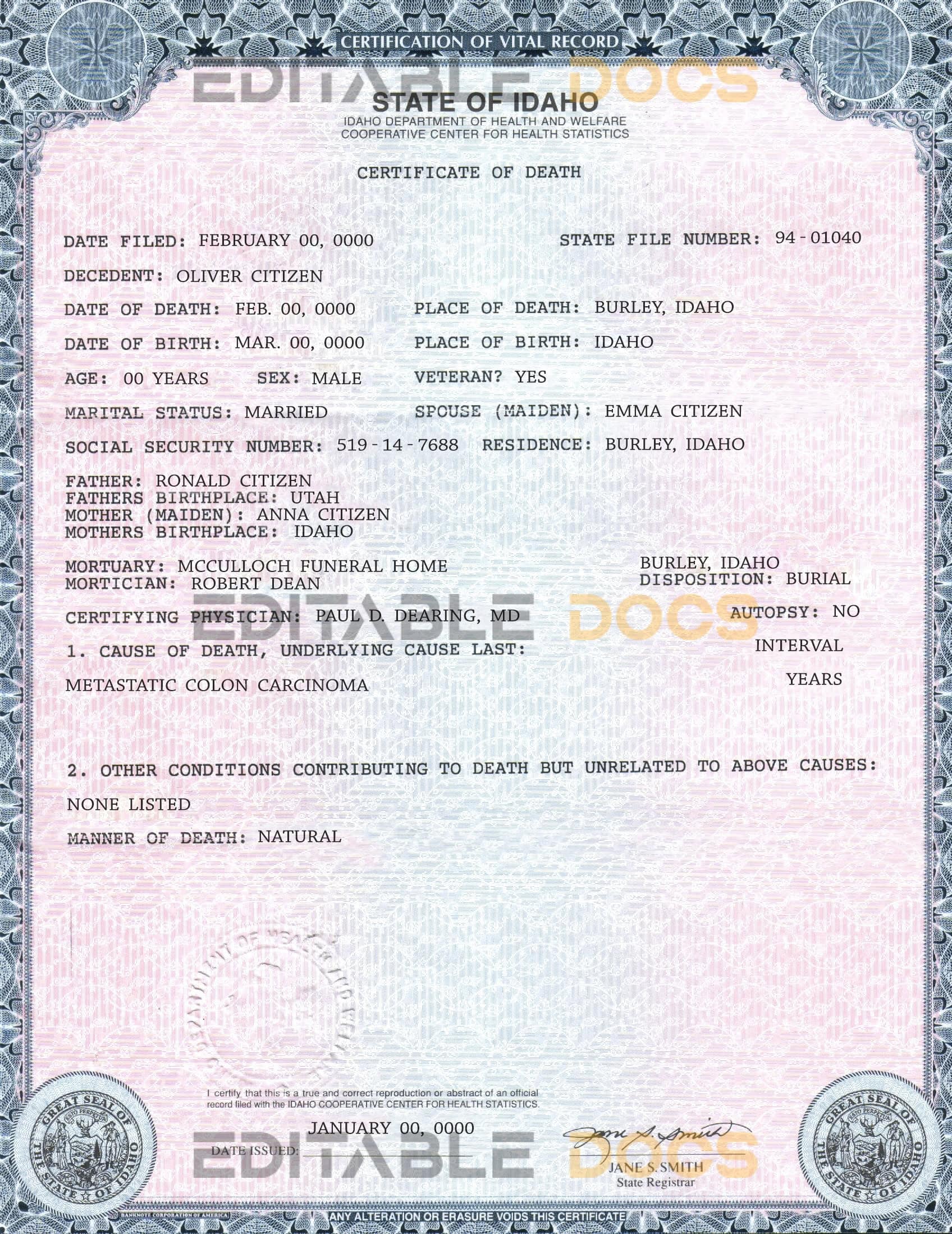 Customizable USA state Idaho Death Certificate PSD Templates Instant Download