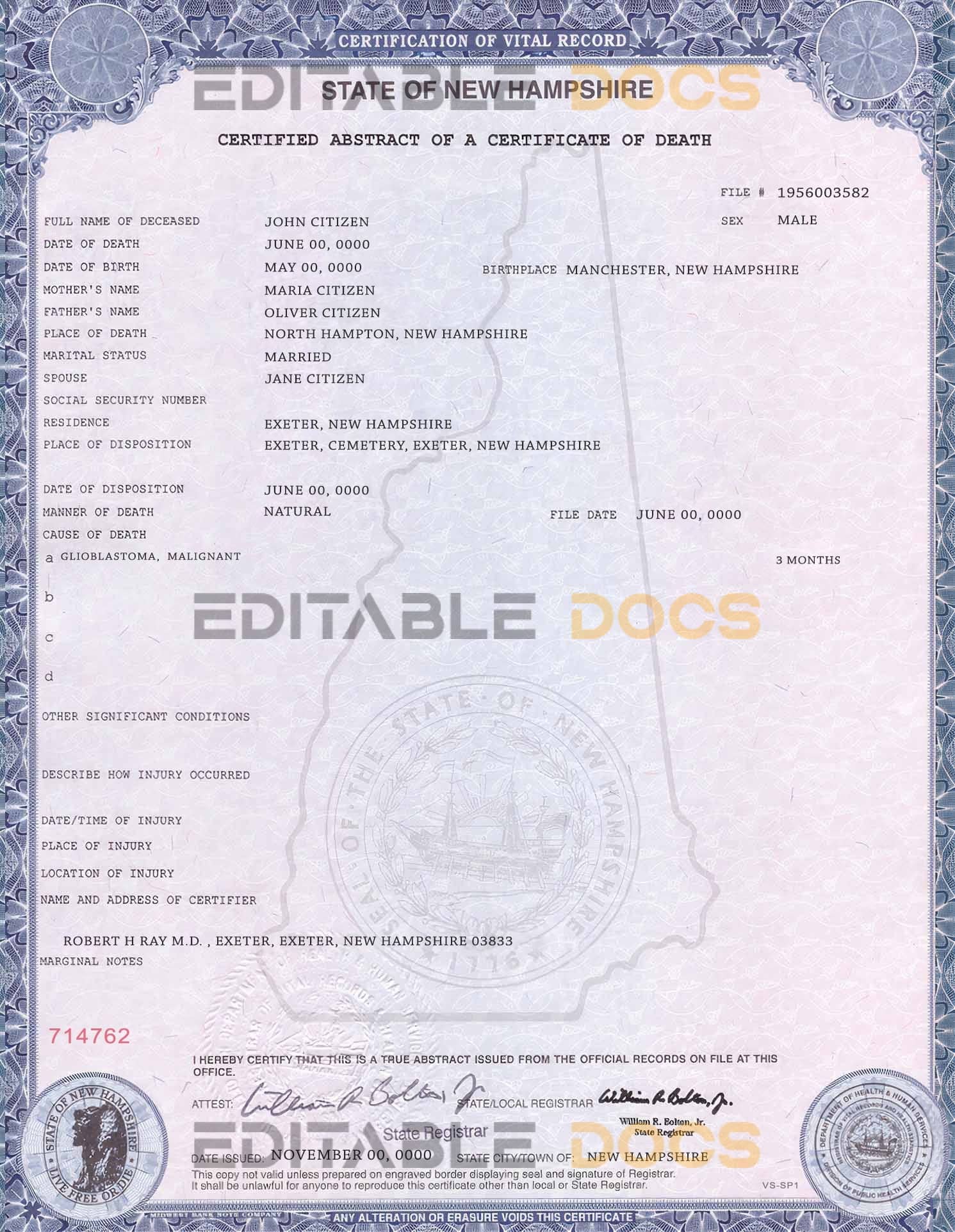 USA state New Hampshire death certificate template in PSD format