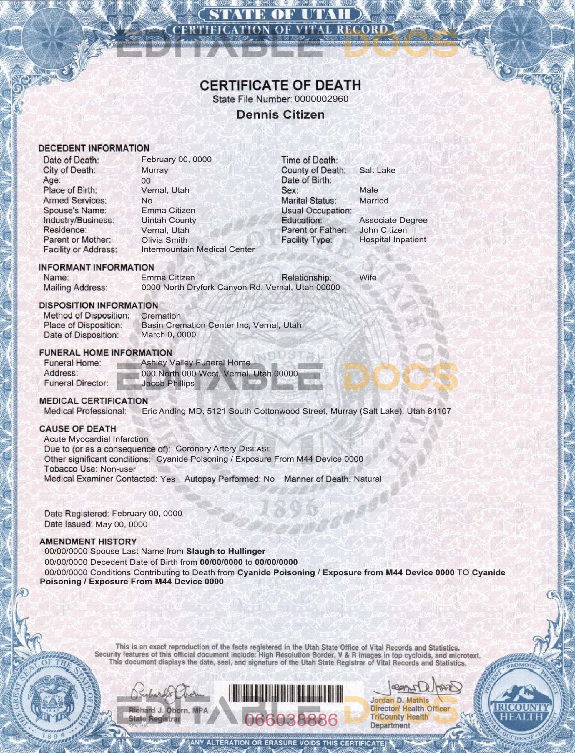 USA state Utah death certificate template in PSD format
