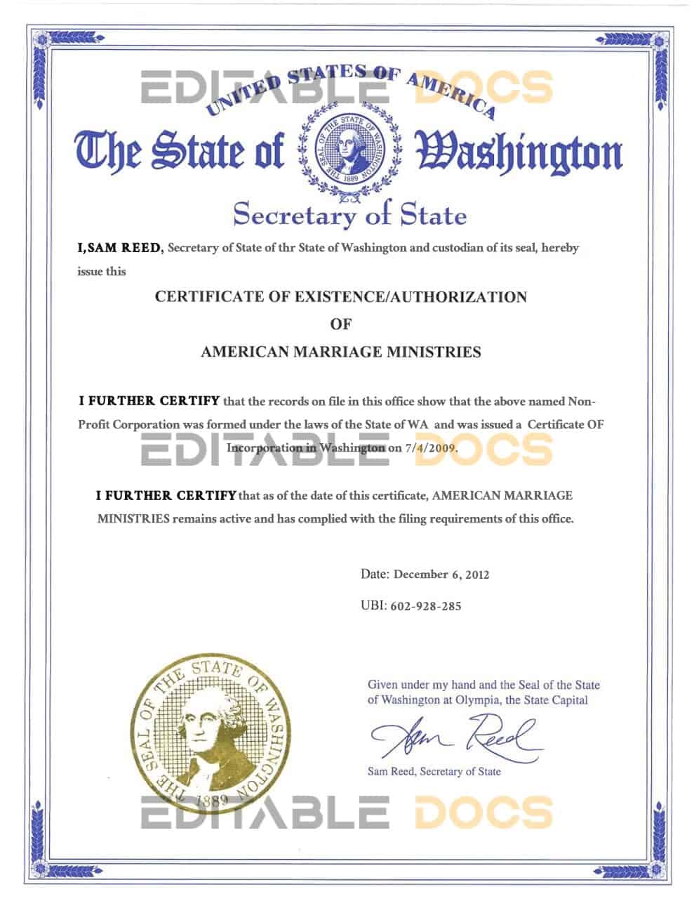 USA washington Marriage Certificate Editable PSD Templates
