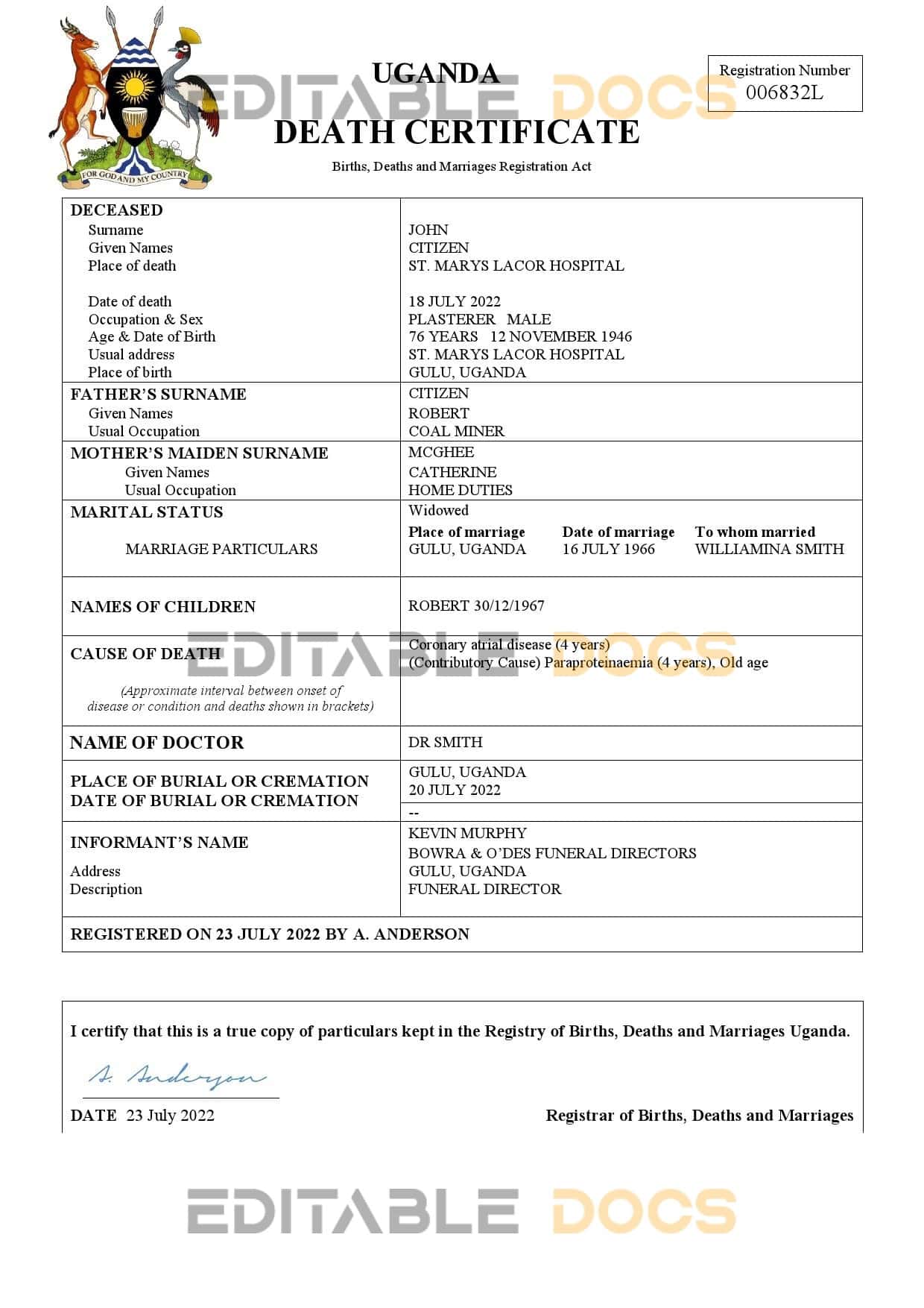Uganda vital record death certificate Word and PDF template