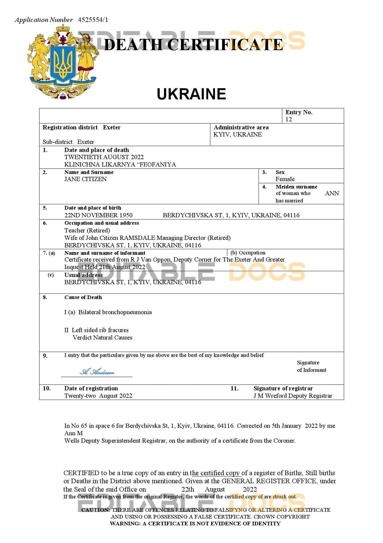 Ukraine death certificate Word and PDF template