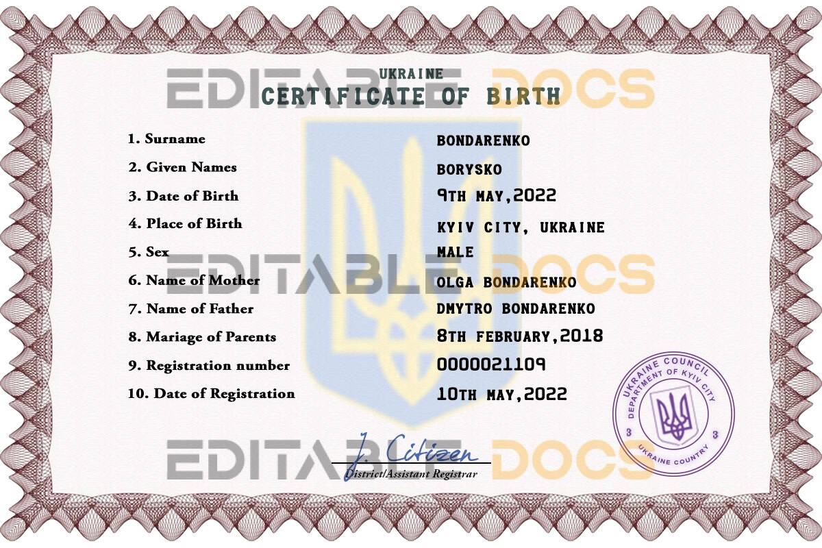 Ukraine vital record birth certificate PSD template Authentic Ukraine Birth Certificate Template | Customize and Download Online