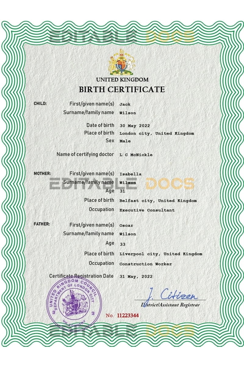 United Kingdom birth certificate PSD template Authentic United Kingdom Birth Certificate Template | Customize and Download Online