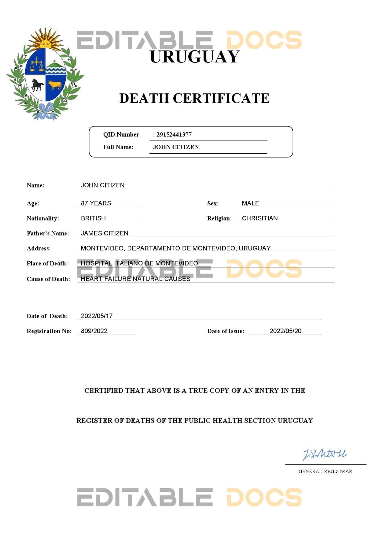 Uruguay death certificate Word and PDF template