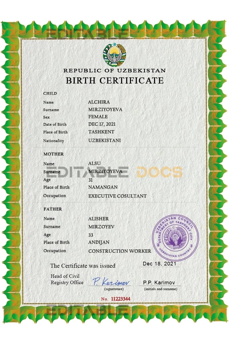 Uzbekistan birth certificate PSD template Authentic Uzbekistan Birth Certificate Template | Customize and Download Online