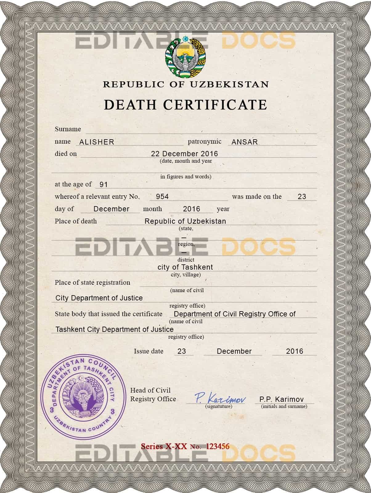 Uzbekistan death certificate PSD template