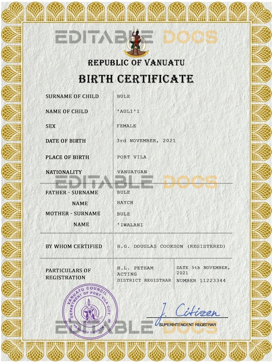 Vanuatu vital record birth certificate PSD template Authentic Vanuatu Birth Certificate Template | Customize and Download Online