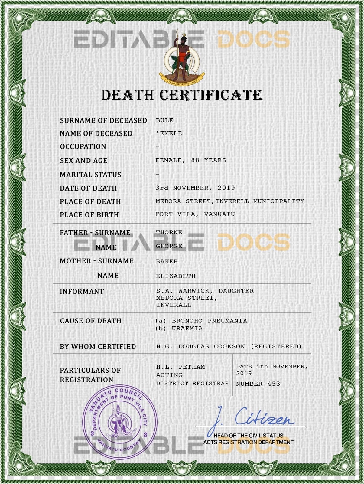 Vanuatu vital record death certificate PSD template