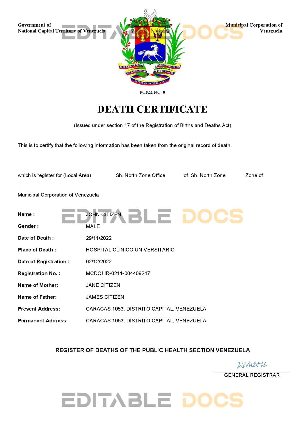 Venezuela vital record death certificate Word and PDF template