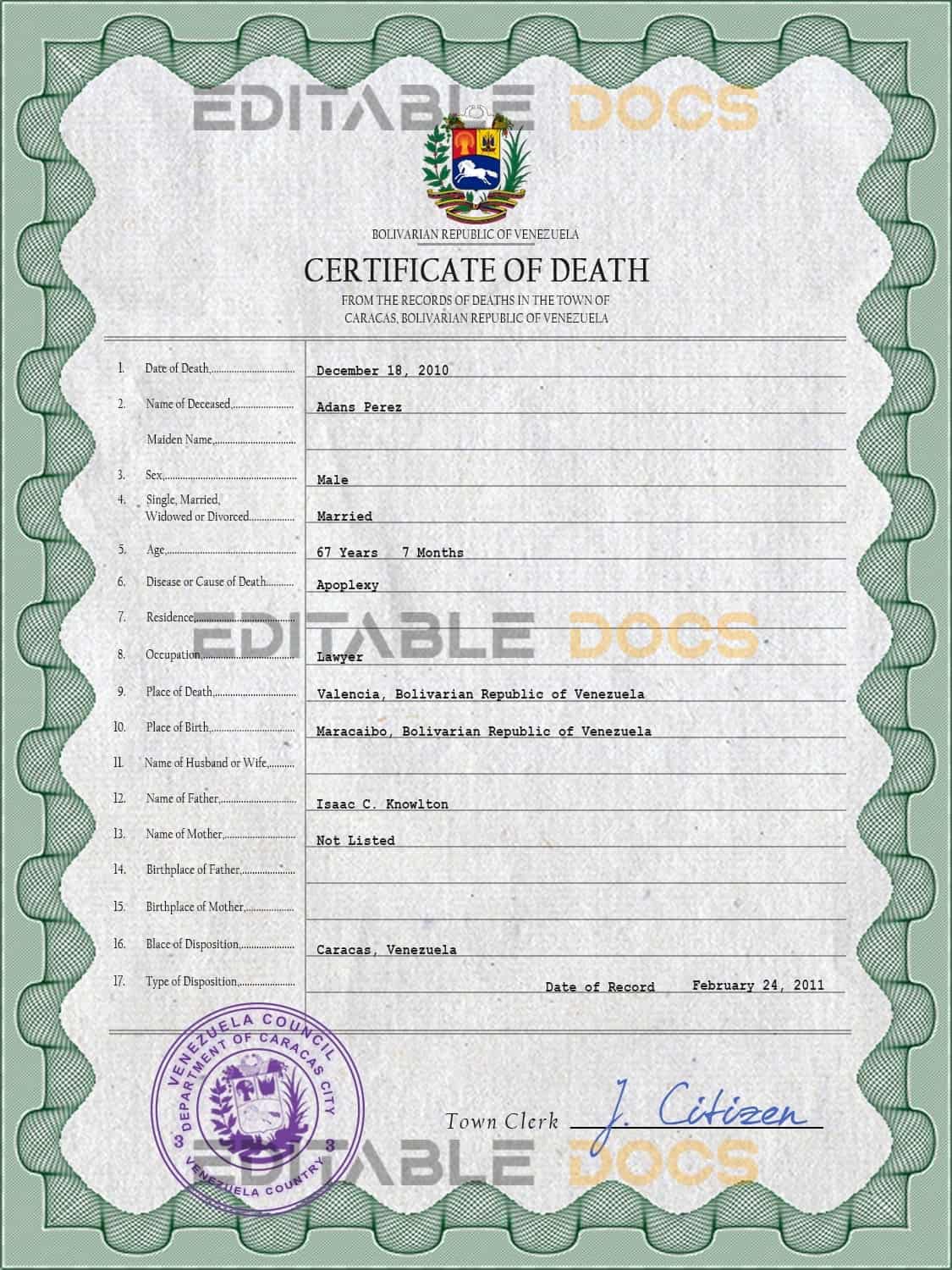 Venezuela vital record death certificate PSD template