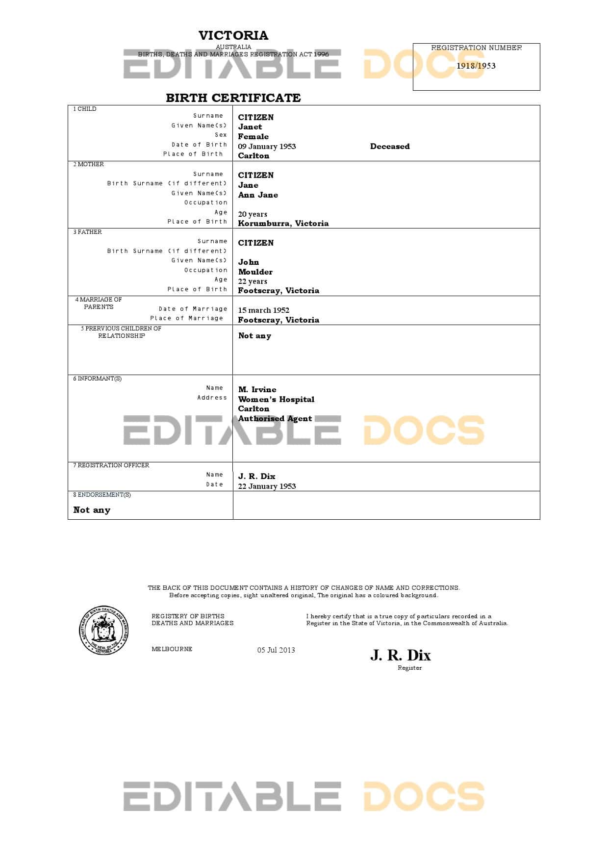 Australia Victoria birth certificate template in Word format