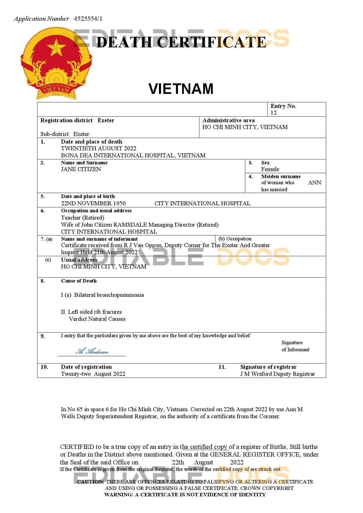 Vietnam vital record death certificate Word and PDF template
