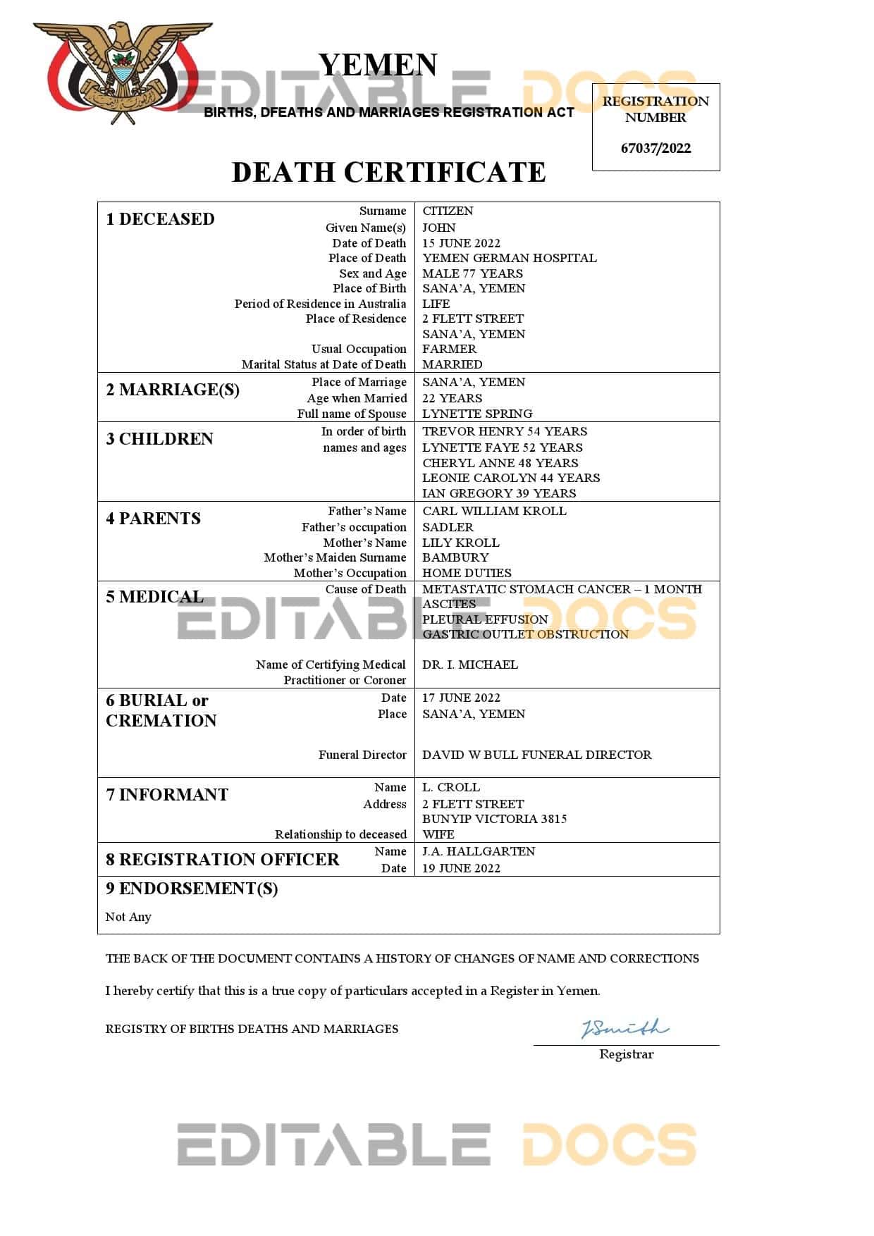 Yemen death certificate Word and PDF template
