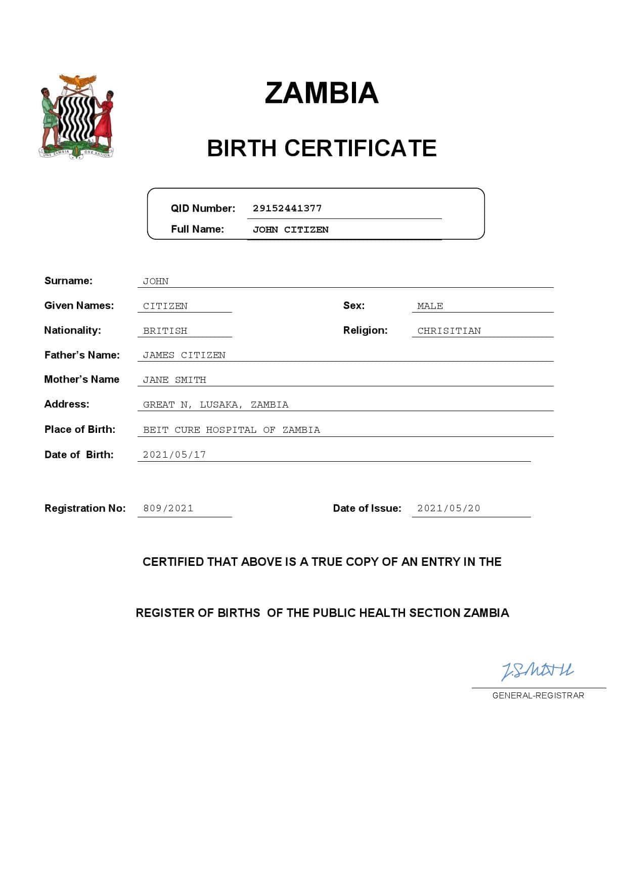 Zambia-birth-certificate.jpg Zambia birth certificate Word and PDF template