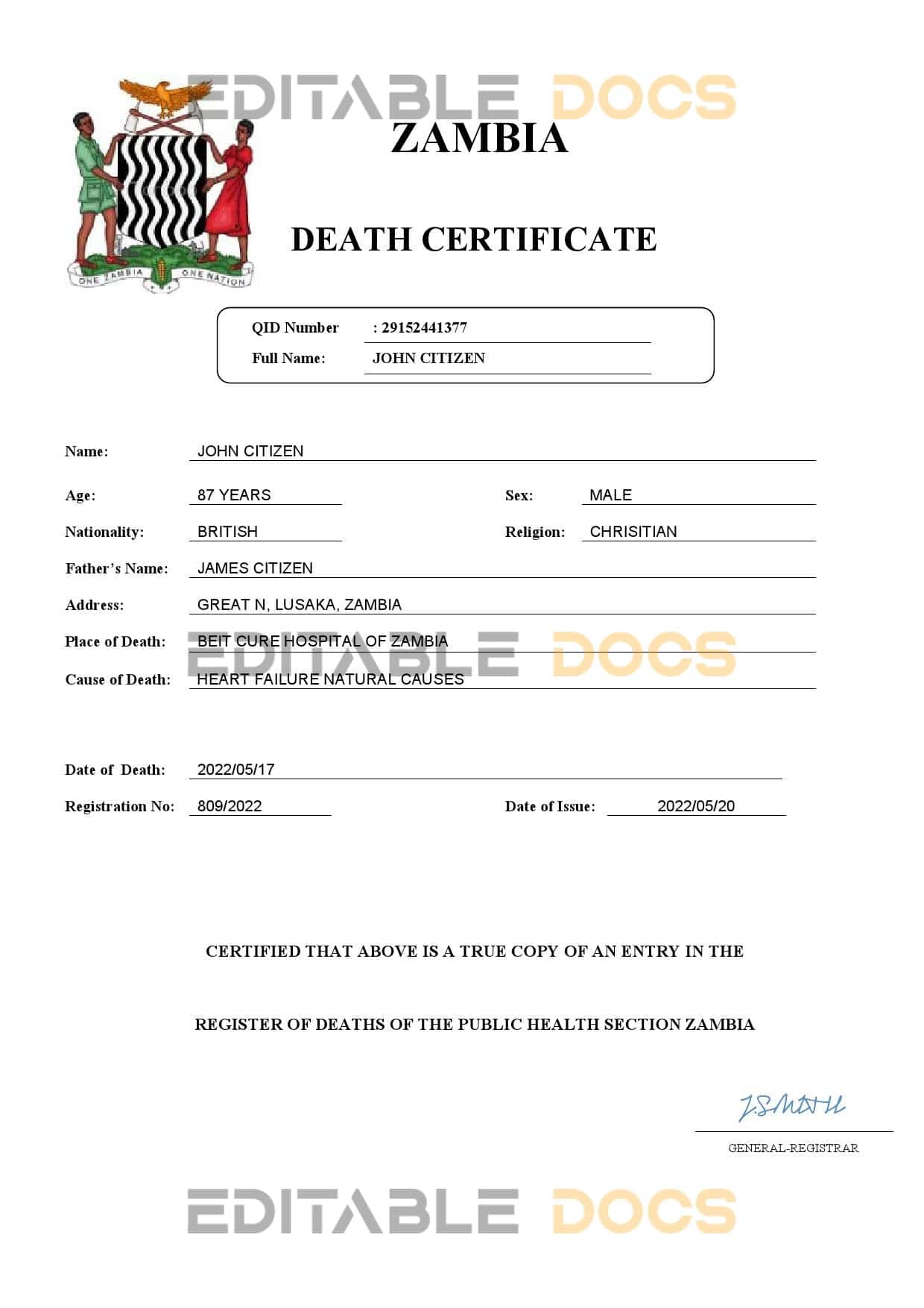 Zambia vital record death certificate Word and PDF template