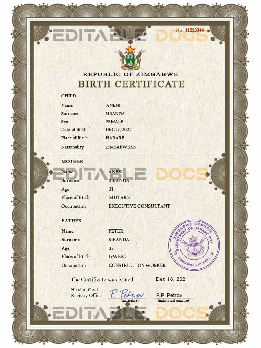 Zimbabwe vital record birth certificate PSD template Authentic Zimbabwe Birth Certificate Template | Customize and Download Online