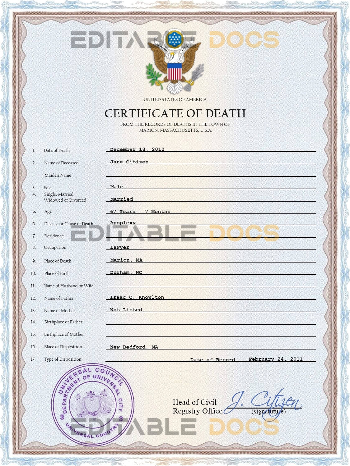 Customizable Affiliate Universal Death Certificate PSD Templates