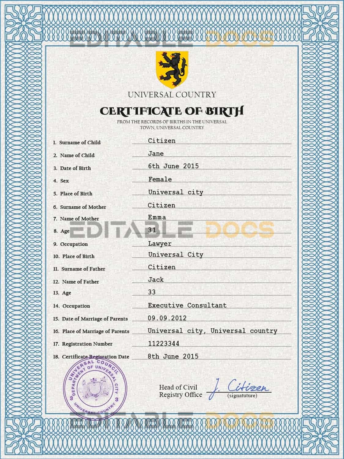 Authentic alpha awards Birth Certificate PSD Template