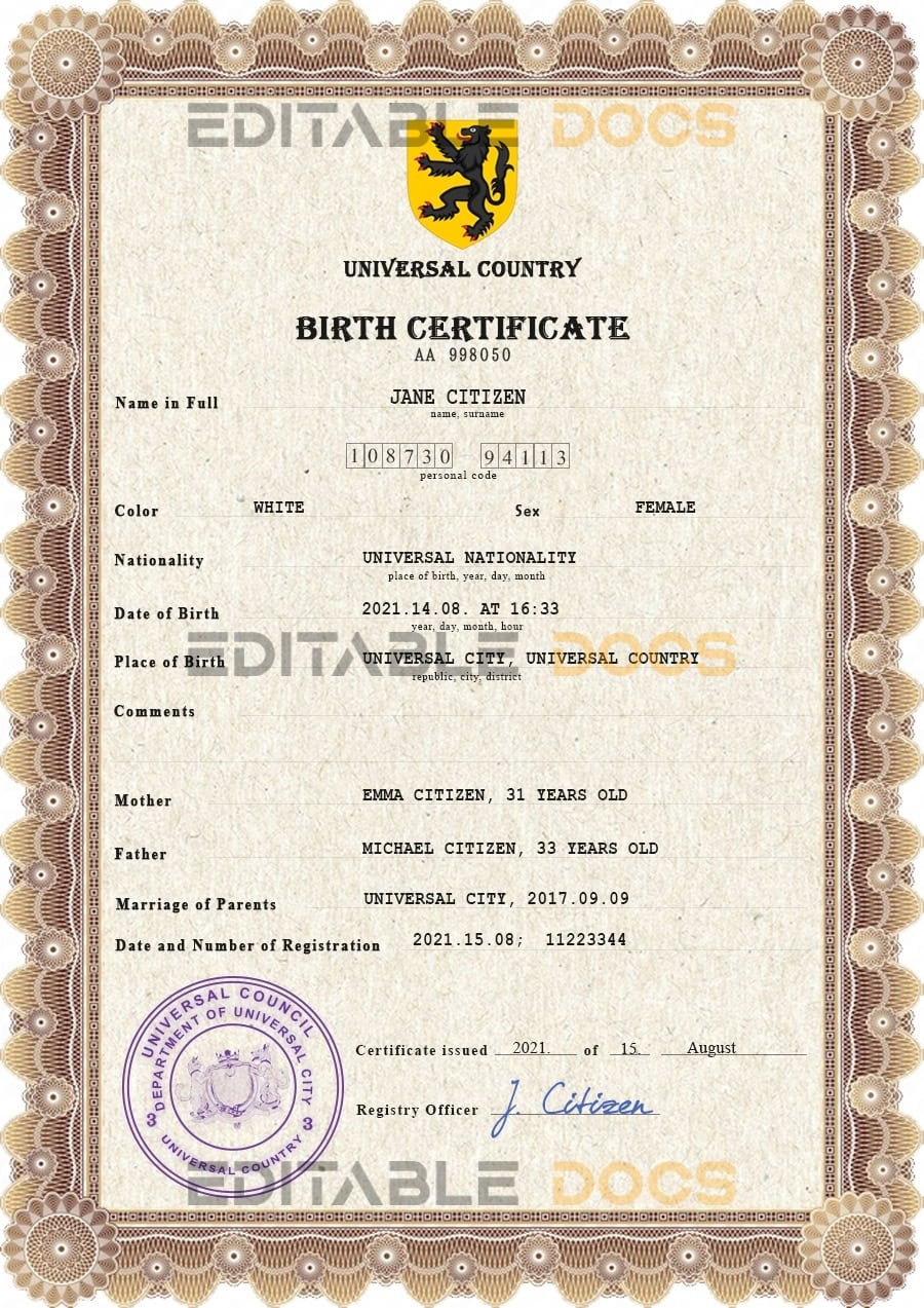 Authentic ammo universal Birth Certificate PSD Template
