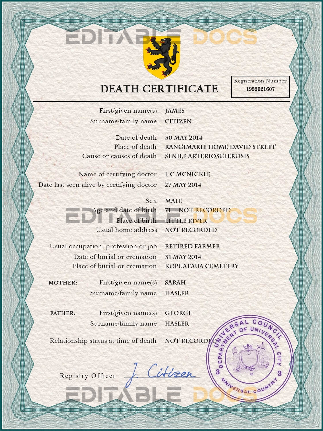 Customizable Apex Vital Record Universal Death Certificate PSD Templates