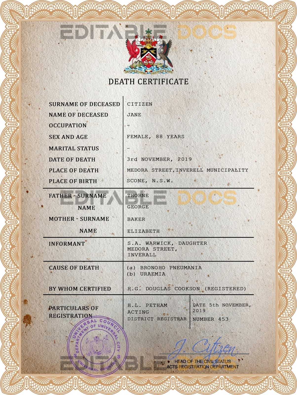 Customizable Arms Acclaimed Universal Death Certificate PSD Templates